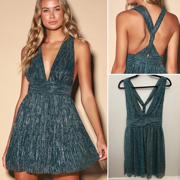 Lulus Dresses & Skirts - Lulus Ailey Gold and Teal Blue Skater Party Sparkle Cocktail Mini Dress‎ L